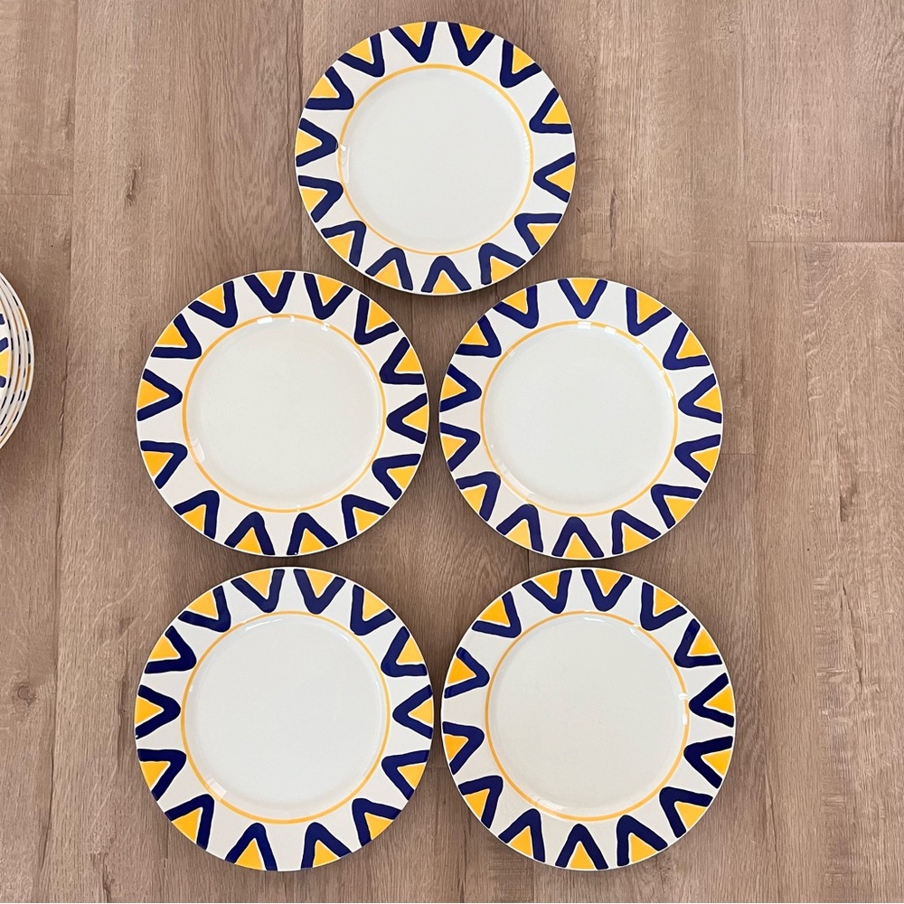 Rare 5 PCs Lillian Vernon Italian Mid-Century Blue Yellow Geometric Dinner Plate